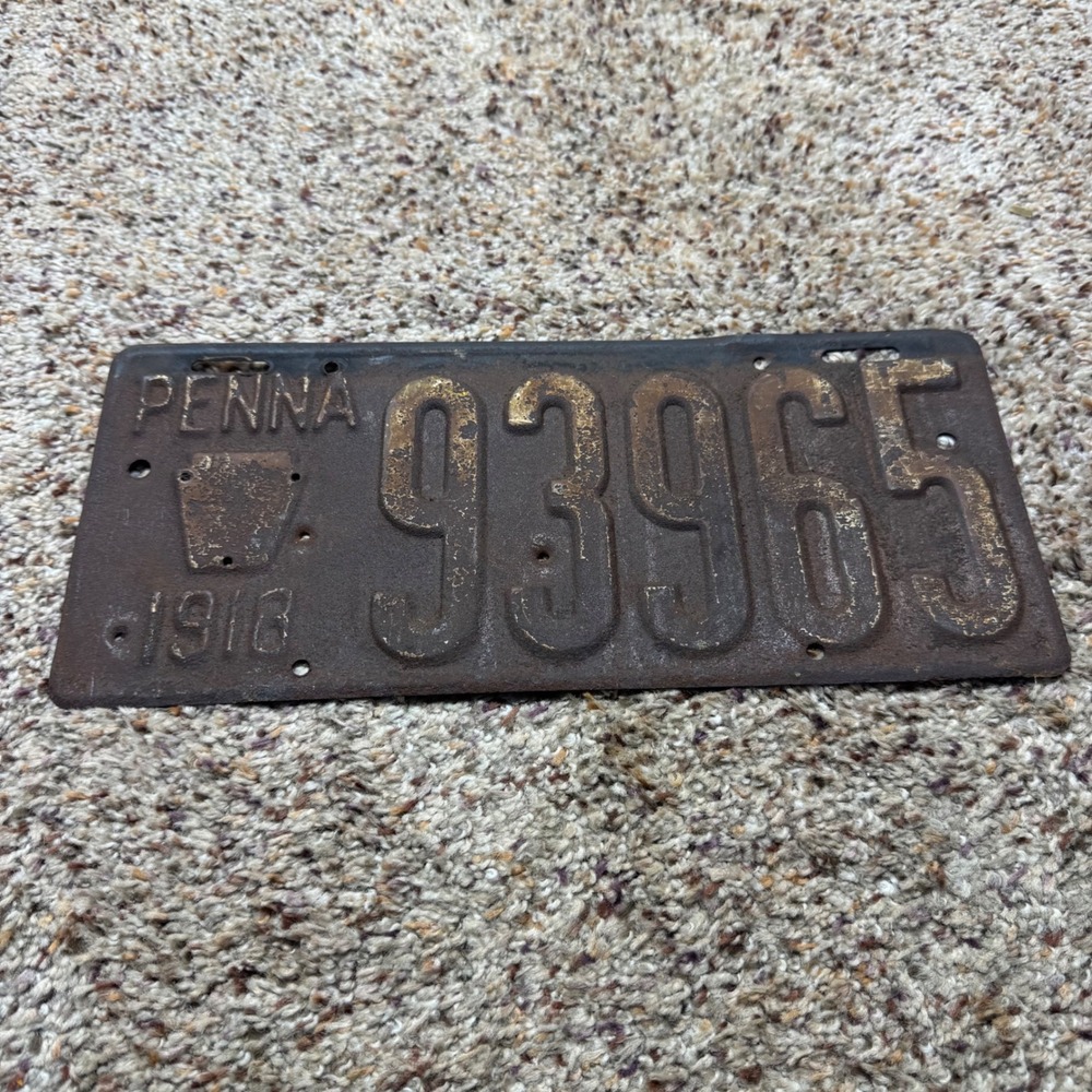 Antique 1918 Pennsylvania License Plate 93965 Vintage PA Keystone Embossed Steel